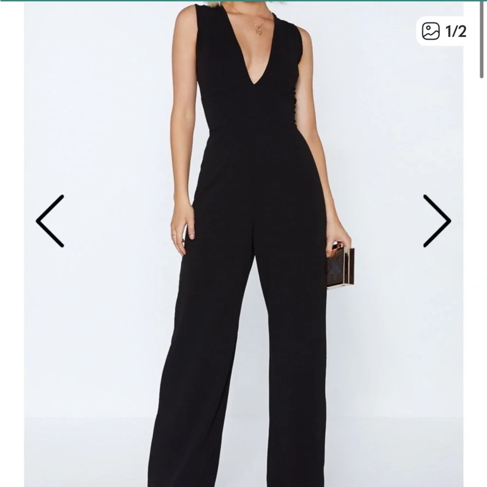 Nasty Gal Black Plunging V-Neck Wide-Leg Jumpsuit - Picture 1 of 7